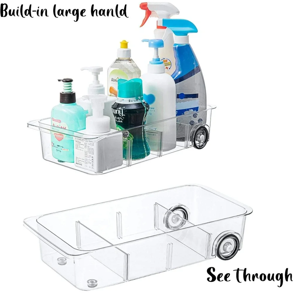 Set of 2 Clear Rolling Fridge‎ Cabinet Organizer Bins with Adjustable Dividers